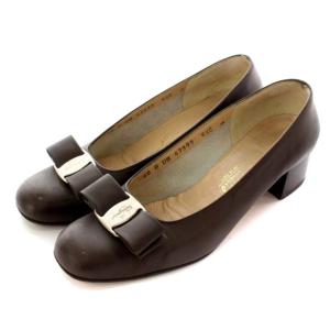 ヴァラリボン パンプス スクエアトゥ レザー 24cm ブラウン
