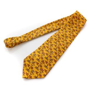 Salvatore Ferragamo イタリア製 ネクタイ レギュラータイ 総柄 動物 シルク100% イエロー