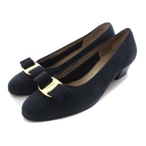 パンプス ローヒール ヴァラリボン スエード 5.5C ネイビー