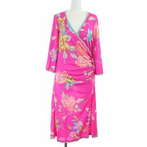 FASHION カシュクール ロングワンピース 七分袖 花柄 シルク混 LL ピンク