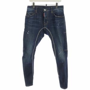 バイカーデニムパンツ ペイント ダメージ加工 ボタンフライ 48 インディゴ