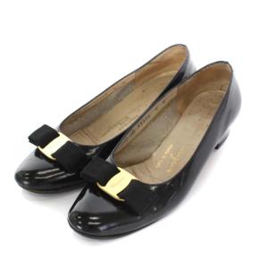 ヴァラ パンプス ポインテッドトゥ リボン チャンキーヒール レザー 6 ブラック