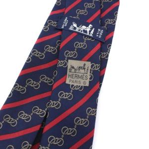 HERMES ネクタイ ストライプ チェーン柄 フランス製 シルク ネイビー