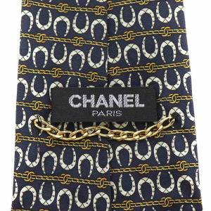 CHANEL ネクタイ ワイドタイ ココマーク 馬蹄 チェーン シルク ブラック ホワイト イエロー