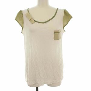 カットソー Tシャツ 半袖 リボン 切替 シルク 薄手 M ホワイト グリーン