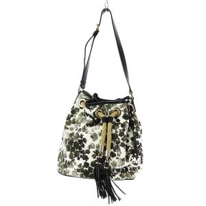 ドローストリング ブラックフローラル ショルダーバッグ 巾着 キャンバス ブラック ホワイト