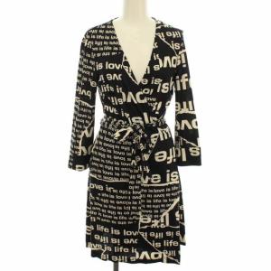 DIANE von FURSTENBERG vintage ラップワンピース カシュクール シルク 七分袖 ストレッチ 総柄 4 ブラック