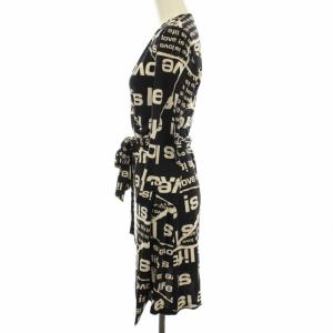 DIANE von FURSTENBERG vintage ラップワンピース カシュクール シルク 七分袖 ストレッチ 総柄 4 ブラック