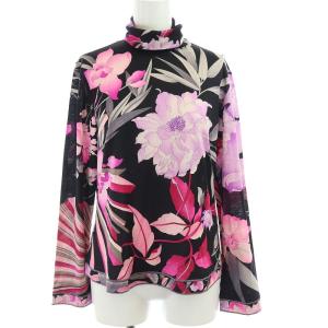 FASHION フローラルプリント カットソー ウール シルク混 L ブラック ピンク