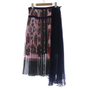 sacai 2016年製 プリーツスカート ロング丈 ベルト 花柄切替 アシンメトリー 2 マルチカラー