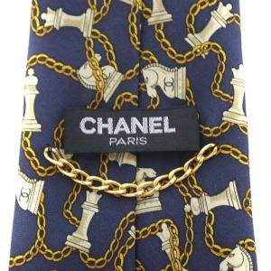 CHANEL ネクタイ ワイドタイ ココマーク チェス チェーン 総柄 シルク ネイビー アイボリー イエロー