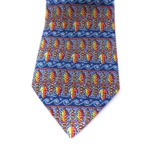 HERMES ネクタイ 総柄 フランス製 シルク ブルー オレンジ イエロー