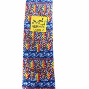 HERMES ネクタイ 総柄 フランス製 シルク ブルー オレンジ イエロー