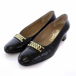 ガンチーニ パンプス 部分クロコ型押し レザー 5.5 ブラック