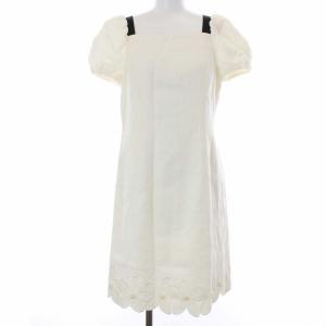 ワンピース ひざ丈 スクエアネック 半袖 フローラル パール刺繍 リネン混 M ホワイト ブラック