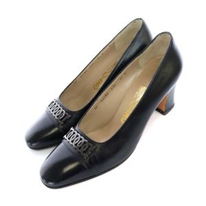 ガンチーニ パンプス スクエアトゥ チャンキーヒール レザー 6.5C ブラック