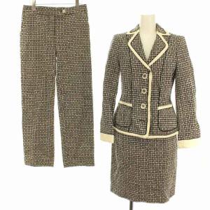 スーツ フォーマル 3ピース セットアップ 上下 3点セット ツイード シングル 4B 背抜き パンツ スカート 総柄 I40