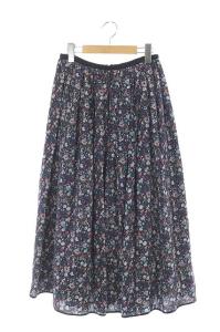 フレアスカート ギャザー ロング 花柄 36 ネイビー