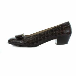 Salvatore Ferragamo パンプス ヒール ヴァラリボン クロコ型押し レザー 6.5B ブラウン