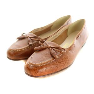 フラットシューズ パンプス アーモンドトゥ リボン レザー 5 ブラウン
