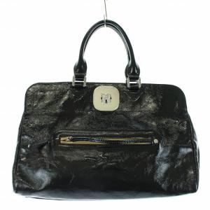 ハンドバッグ エナメル ターンロック レザーブラック シルバー