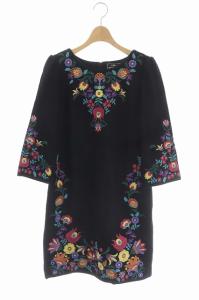 ワンピース 七分袖 台形 ミニ 刺繍 ラウンドネック 36 マルチカラー ブラック