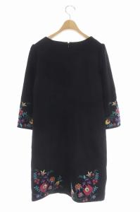 GRACE CONTINENTAL ワンピース 七分袖 台形 ミニ 刺繍 ラウンドネック 36 マルチカラー ブラック