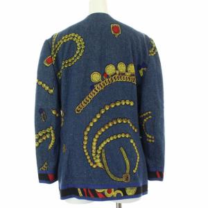 LEONARD FASHION セットアップ 上下 総柄 ノーカラージャケット フレアスカート ひざ丈 金ボタン 絹 シルク 紺 9 M ネイビー