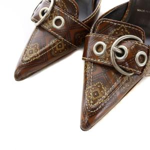 PRADA サンダル ミュール ポインテッドトゥ ベルト 総柄 レザー 35.5 ブラウン ベージュ