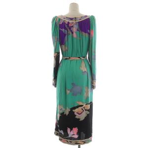 LEONARD FASHION フレアワンピース ロング パフショルダー 総柄 ベルト付 シルク マルチカラー