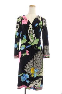 ワンピース パリス ひざ丈 長袖 花柄 シルク ブラック系