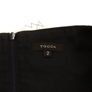 TOCCA 18AW フレアワンピース ノースリーブ ひざ丈 総柄 リボン コットン混 2 ネイビー ブラック