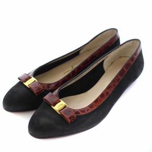 パンプス ラウンドトゥ ヴァラ リボン スエード 6C 23.5cm ブラック ブラウン