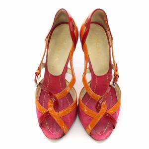 PRADA パンプス オープントゥ ハイヒール エナメル ベルト 35 ピンク オレンジ レッド