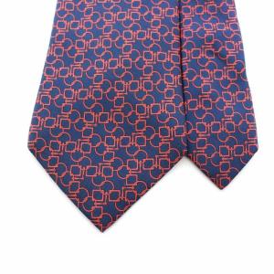 HERMES ネクタイ レギュラータイ 総柄 絹 シルク 紺 ネイビー 赤 レッド
