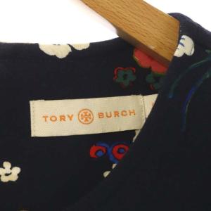 TORY BURCH ワンピース ひざ丈 半袖 花柄 ロゴボタン S ネイビー