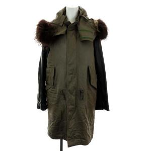 モッズコート ロング 袖切替レザー ラクーンファー F カーキ