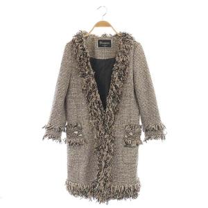 ツイード ノーカラーコート ミドル丈 フリンジ 総裏地 38 ベージュ ブラック