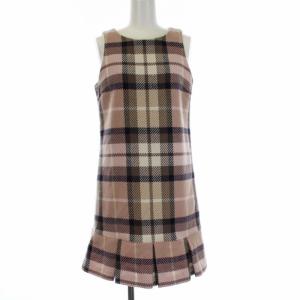 チェック ノースリーブ ワンピース ひざ丈 タック ウール 34 ピンク ベージュ