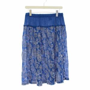 スカート ひざ丈 フロッキープリント シワ加工 ブルー ホワイト