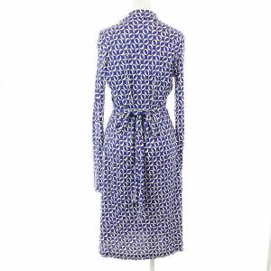 DIANE von FURSTENBERG ワンピース ひざ丈 長袖 シルク 総柄 6 M ブルー ホワイト