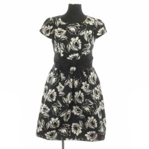 花柄リボンワンピース ひざ丈 半袖 36 ブラック ホワイト