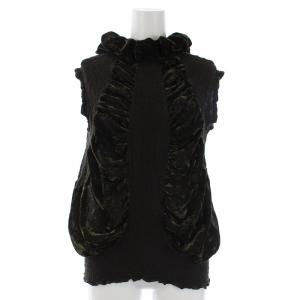 日本製 カットソー ノースリーブ ベロア フリル 切替 カーキ