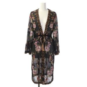 ガウン カーディガン ロング シアー 花柄刺繍 長袖 36 ブラック マルチカラー