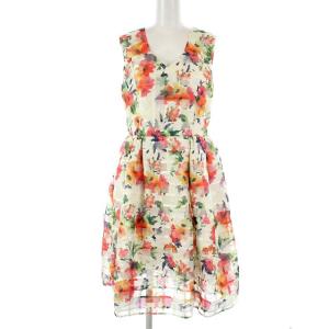 ワンピース フレア ひざ丈 花柄 ノースリーブ 0 ホワイト