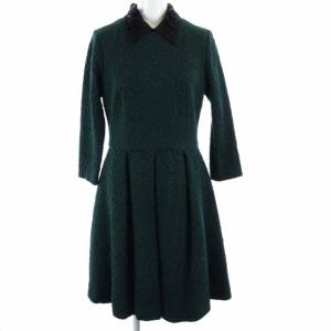 ワンピース ひざ丈 七分袖 総柄 ビジュー装飾 シルク 36 グリーン ブラック