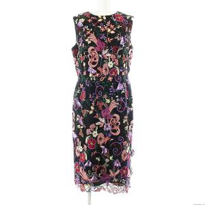 ワンピース ひざ丈 ノースリーブ 花柄 刺繍 38 M ブラック マルチカラー
