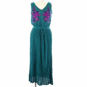 ワンピース ノースリーブ マキシ丈 花柄 刺繍 36 ターココイズブルー