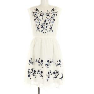 フレアワンピース ひざ丈 ストライプ 刺繍 花柄 ノースリーブ 0 ホワイト