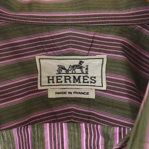 HERMES ワイシャツ カッターシャツ 長袖 ストライプ L パープル カーキ 